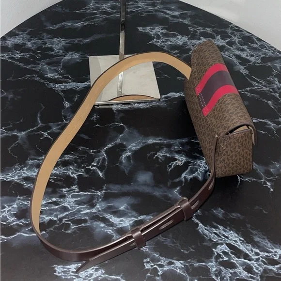 Michael Kors Brown Signature Leather Stripe Waist Fanny Belt Bag S/M - Picture 7 of 13
